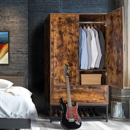 VINGLI 38" W Armoire, Wardrobe Closet with Hanging Rod, Bedroom 71" Freestanding Wardrobe Cabinet with Doors, Adjustable Shelves and Drawer, Open Compartment, Rustic Brown