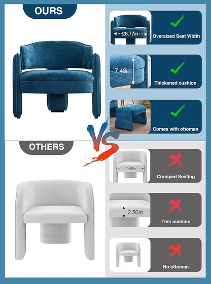 LOULENS Accent Chair with Ottoman, Oversized Barrel Chair, Modern Upholstered Comfy Armchair for Living Room, Bedroom, Reading Room & Corner, Blue