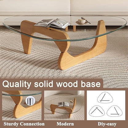 Modern Glass Coffee Table for Living Room, Mid Century Coffee Table, Small Coffee Tables, Suitable for Bedroom Living Room Reception Office Tables (Wood/Transparent, Medium)