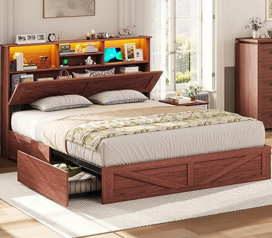 VIAGDO Farmhouse Bed Frame Full Size with Bookcase Storage Headboard, Charging Station and LED Lights, Wooden Full Bed Frame with 4 Drawers, Barn Door Design, No Box Spring Needed, Reddish Brown