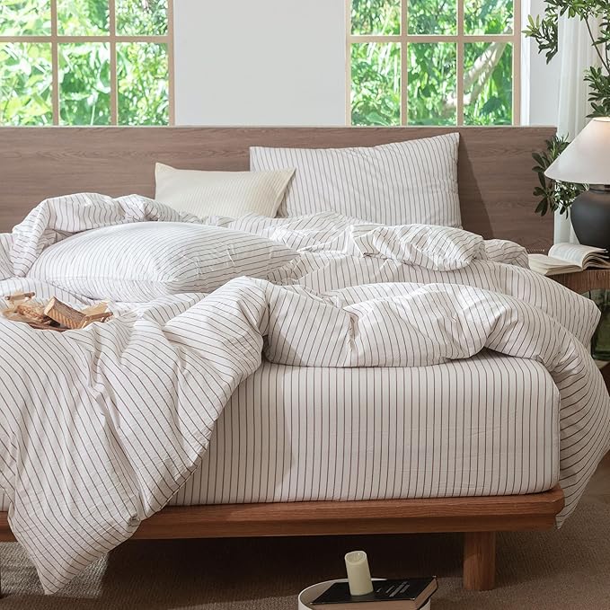 MooMee Striped Duvet Cover Set 100% Washed Cotton Linen Like Textured Breathable Durable Soft Comfy (White Orange Wide Stripes, Twin 68"x90")
