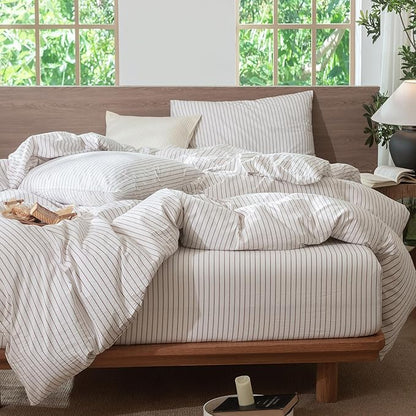MooMee Striped Duvet Cover Set 100% Washed Cotton Linen Like Textured Breathable Durable Soft Comfy (White Orange Wide Stripes, Oversized Queen 98"x98")