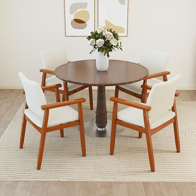 thksbought Set of 2 Mid Century Modern Walnut Dining Chairs Wood Arm Beige Fabric Kitchen Cafe Living Room Decor Furniture