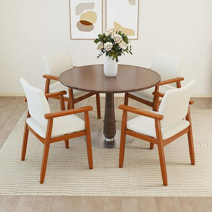 thksbought Mid Century Modern Walnut Dining Chairs Wood Arm Beige Fabric Kitchen Cafe Living Room Decor Furniture