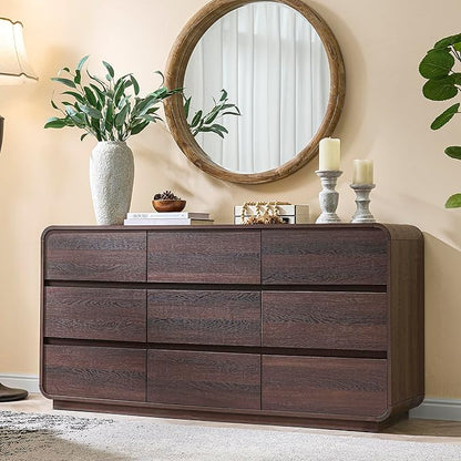 9 Drawer Double Dresser for Bedroom, Modern Curved Wood Chest Drawers of Handleless, Large Storage Dresser Bedroom, Living Room, Entryway, Walnut