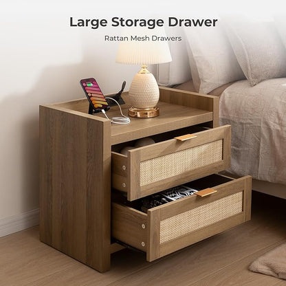 SICOTAS Night Stand Set of 2 - Rattan Nightstands with Type-C Charging Station, 2 Rattan Drawers - Boho Bed Side Tables End Table for Small Space - Natural Oak
