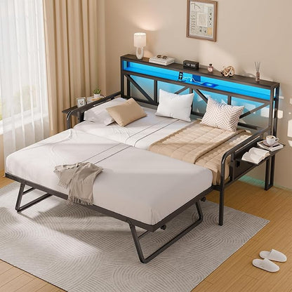 Daybed with Trundle, Heavy Duty Metal Twin Bed Frame with LED Lights & 2-Tier Storage Shelves, Sofa Day Bed with Charging Station & Tabletop for Living Room, Bedroom, Guest Room (Black)
