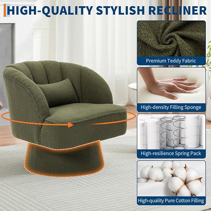 GarveeHome Modern Swivel Barrel Accent Chair, 360° Teddy Fabric Upholstered Armchair with Striped Backrest & Plush Padding, Comfy Round Lounge Chair for Living Room, Bedroom, Reading Nook, Green 2 PCS