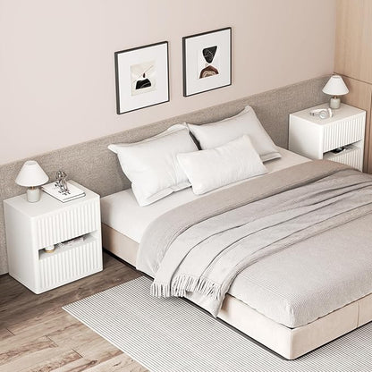 Dripex Fluted Nightstand with 2 Drawers, Large Wide Wood Night Stand Bedside Tables for Bedroom, Mid-Century Modern Storage Bed Side Table, End Tables for Living Room Sofa Couch, White, Set of 1