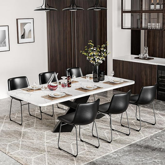Dining Chairs Set of 6, 18 Inch Kitchen Chairs with Back, Faux Leather Armless Dining Room Chairs with Metal Legs for Home, Bistro Coffee Shops (Black)