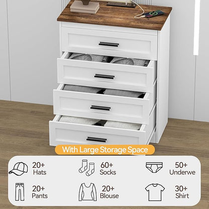 Farmhouse 4 Drawers Dresser for Bedroom Rustic Chest of Drawers with Natural Texture White Drawers Organizer for Living Room Hallway