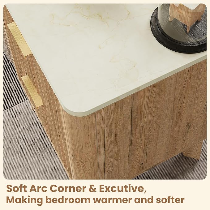 Fluted Nightstand with Faux Marble Top,Modern End Table with Metal Handles,2 Storage Drawers Side Table, Bedside Table for Bedroom,Living Room, Curved Profile Design Furnitue, Natural Oak