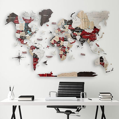 Handmade 3D Wood World Map Wall Art Large Wall Decor Track Your World Travels - Special for Home, Kitchen and Office (Medium, Urban)