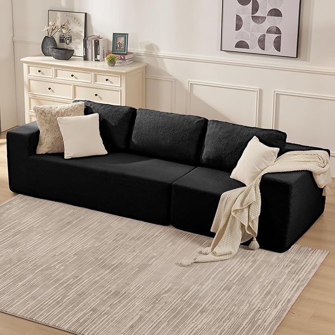 106" 3-Seater Sofa, Cloud Modular Sofa with Certified Foam, Upholstered Floor Sofa with Deep Seat, Upholstered Sofa for Bedroom Living Room, No Assembly Required (Black, Teddy Boucle)
