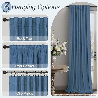 Denim Blue Blackout Curtains & Drapes 84 Inch Length 2 Panels Set Faux Linen 100% Black Out Room Darkening Soundproof Country Blue Curtains for Bedroom Living Room Back Tab Pocket 52x84 Long Drapes