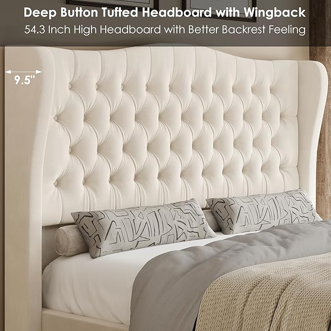 Keyluv Full Size 54.3” Tall Platform Bed Frame with Deep Button Tufted Wingback Headboard and Footboard, Velvet Upholstered Bed Frame with Handmade Pleats, No Box Spring Needed, Beige/Cream