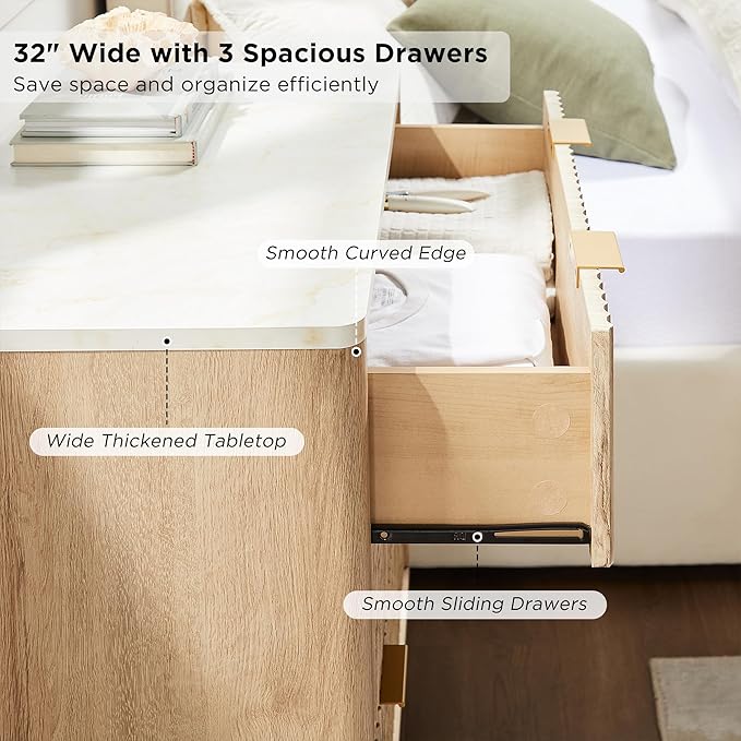 T4TREAM Fluted 3 Drawers Nightstand, Oversized Extra Large Modern Side Table with Faux Marble Top, End Table Bedside for Bedroom, Living Room, Curved Profile Design, Natural Oak | Fluted, Modern, 3 Drawers, with Storage, for Bedroom, for Living Room