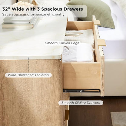 T4TREAM Fluted 3 Drawers Nightstand, Oversized Extra Large Modern Side Table with Faux Marble Top, End Table Bedside for Bedroom, Living Room, Curved Profile Design, Natural Oak | Fluted, Modern, 3 Drawers, with Storage, for Bedroom, for Living Room