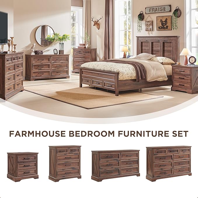 ACCOHOHO Farmhouse Queen Size Bed Frame with 52" Tall Headboard, Wood Platform Bedframe with Footboard and Storage Drawers, No Squeak, No Box Spring Needed, Light Brown