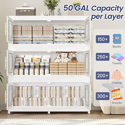 150GAL Extra Large Storage Bins with Lid, 600QT Storage Bins with Wheels, Folding Closet Organizer, Stackable Collapsible Plastic Storage Containers for Home, Office, Kitchen, 3Pack White