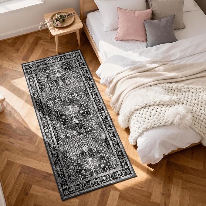 2x6 Runner Rugs for Hallways: Washable Kitchen Rugs Ultra Soft Vintage Carpet Low Pile Floral Runner with Rubber Backing Non Slip for Bedroom Bathroom Laundry Living Room Dining Black White