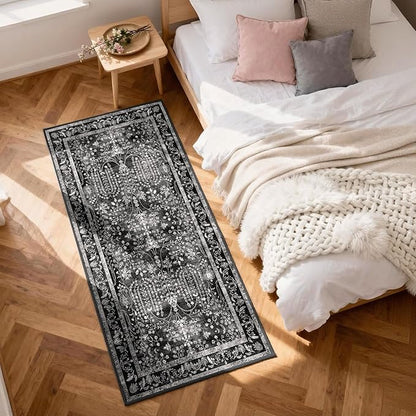 3x6 Runner Rugs for Hallways: Kitchen Runner Non Slip Washable Rug with Rubber Backing Stain Resistant Carpet Low Pile Floral Rugs for Bedroom Bathroom Laundry Living Room Black White 3x6