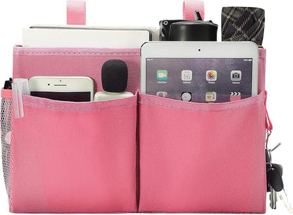 Bseash Bunk Bed Organizer, Bedside Caddy Hanging Bed Organizer Storage Bag with 4 Pockets and 2 Hooks, for College Dorm Rooms Bed, Hospital Bed, Baby Bed Rails, 600D Oxford Cloth (Pink)