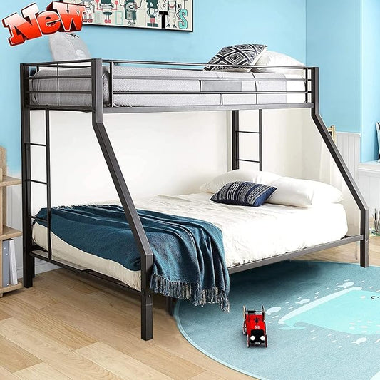 Upgraded Version Thicken Metal Heavy-Duty Twin XL Over Queen Bunk Bed, Best Modern Style Stronger Twin Over Queen Size Bunk Bed with Ladder for Adults, Easy Assembly (Twin XL Over Queen-A)
