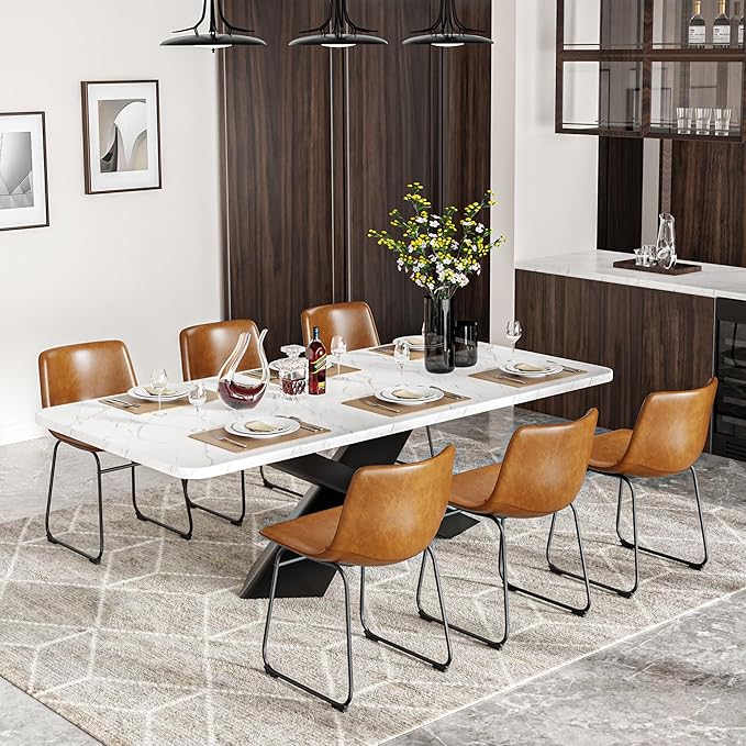 Dining Chairs Set of 6, 18 Inch Modern Armless Dining Chair with Back, Faux Leather Kitchen Dining Room Chair with Metal Legs for Home, Bistro Coffee Shops (Brown)