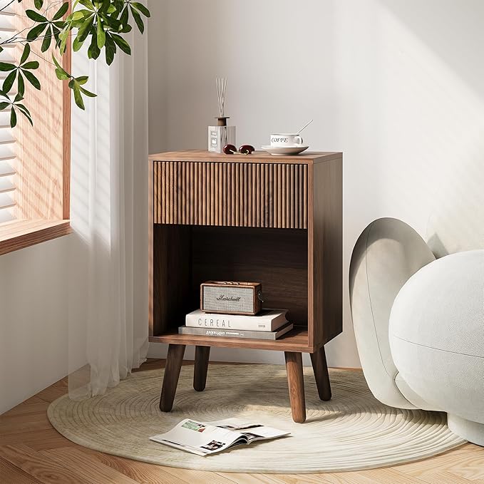 Nightstand, Modern Bedside Table with Storage Drawers and Open Wood Shelf, Night Stand with Solid Wood Legs, End Tables Side Tables for Living Room, Bedroom Walnut