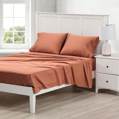 Cuddledown Dreamstead 100% Cotton Bed Sheets Set | 300 Thread Count | Luxurious Sateen Weave | Pure Combed Cotton | Soft | Wrinkle Resistant | 4 Piece Set | Red Sand | Full | 54” x 75"