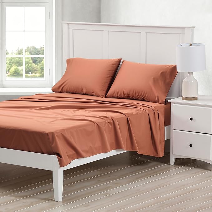 Cuddledown Dreamstead 100% Cotton Bed Sheets Set | 300 Thread Count | Luxurious Sateen Weave | Pure Combed Cotton | Soft | Wrinkle Resistant | 3 Piece Set | Red Sand | Twin | 39” x 75”