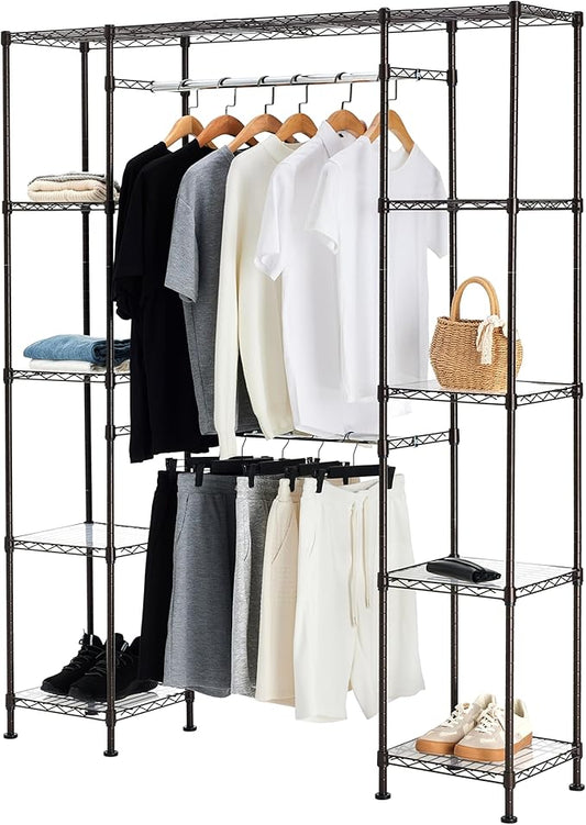 Amazon Basics Expandable Metal Hanging Closet Organizer and Storage Rack Wardrobe with Shelves, 57-80''L x 14''W x 72''H, Bronze