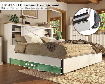 AMERLIFE King 47.2" H Bed Frame with Hidden Space Bookcase Headboard and Charging Station, Beds with 2 Storage Drawers and Wood Slats, No Box Spring Needed, White & Barnwood