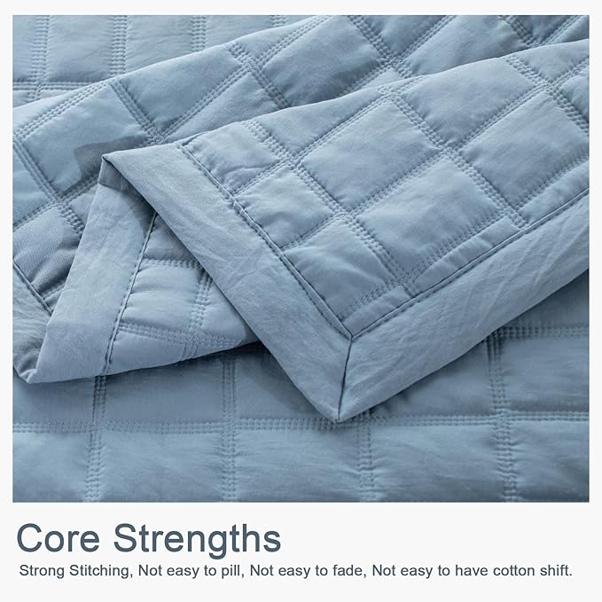 KASENTEX Quilt Bedding-Coverlet-Blanket-Set, Machine Washable, Ultra Soft, Lightweight, Stone-Washed, Detailed Stitching-Solid Color, King + 2 Shams, Grey Blue