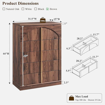 ACCOHOHO Modern 5 Drawers Dresser for Bedroom with Arched Panel,44" Tall Dresser for Closet with Metal Handles,Push-to-Open Wood Storage Closet Dressers Tv Stand for Living Room, Hallway,Brown