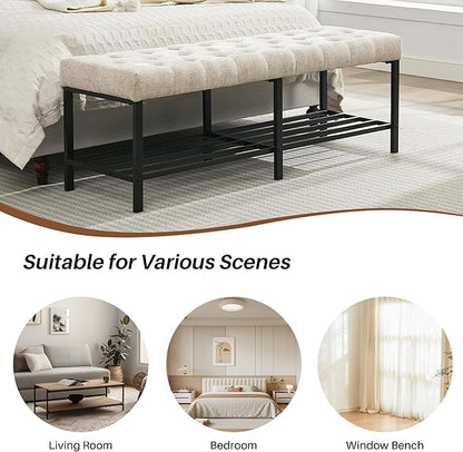 55.5" End of Bed Bench, Modern Chenille Button Tufted Bedroom Bench, Upholstered Storage Shoe Bench with Metal Base, Dinning Table Bench for Living Room, Bedroom, Entryway, Light Brown