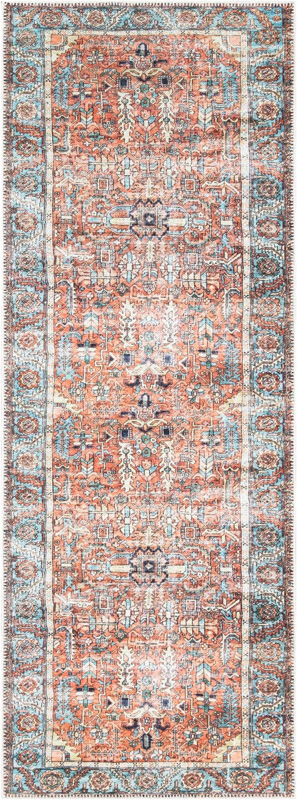 Bloom Rugs Washable Non-Slip 7 ft Runner - Orange/Blue Traditional Runner for Entryway, Hallway, Bathroom, and Kitchen - Exact Size: 2.5' x 7'