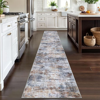 IOHOUZE Abstract Runner Rug 2x12 Ft Washable Runners for Hallways, Non Slip Kitchen Runner Printed Faux Wool Entryway Runner Indoor, Modern Abstract Floor Carpet for Hall Kitchen, Orange Grey
