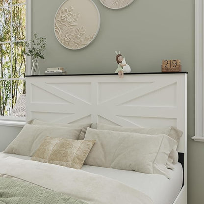 Queen Size Farmhouse Wooden Bed Frame with Headboard, Boho Platform Bedframe Sturdy Metal Slats Support, Spring Needed, Noisy Free, Easy Assembly (Queen, White)
