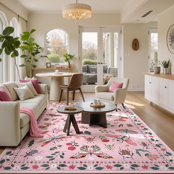 Lahome Insect Washable Rugs for Living Room, Soft 6x9 Rug for Bedroom Ultra-Thin Non Slip Pink Rug, Stain Resistant Easy Clean Large Carpet for Girls Dining Room Nursery Classroom(6'x9',Pink)