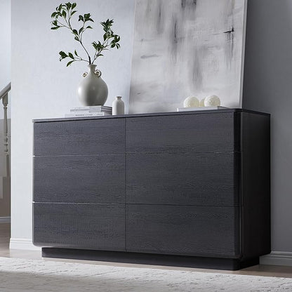 ACCOHOHO Modern 6 Drawer Dresser for Bedroom, 52" Wide Wooden Dressers with Large Storage,Handleless Chest of Drawers TV Stand for Living Room & Hallway, Curved Profile Design, Black