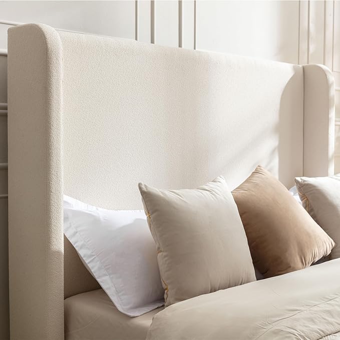 Queen Size Upholstered Bed Frame, Wingback Headboard BedframesHarper, 54" Tall Headboard Platform Beds/No Box Spring Needed/Easy Assembly/Elegant Simplicit, Beige Boucle
