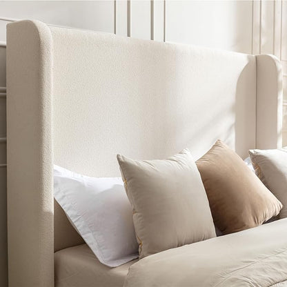 Queen Size Upholstered Bed Frame, Wingback Headboard BedframesHarper, 54" Tall Headboard Platform Beds/No Box Spring Needed/Easy Assembly/Elegant Simplicit, Beige Boucle