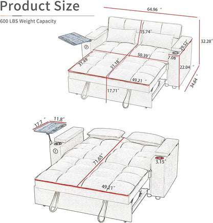 65'' Convertible Sofa Bed 3-in-1 Pull Out Couch, Folding Sleeper Sofa with 360° Swivel Side Table, Modern Chenille Fabric Futon, Small Space Living Room Furniture, Easy Assembly