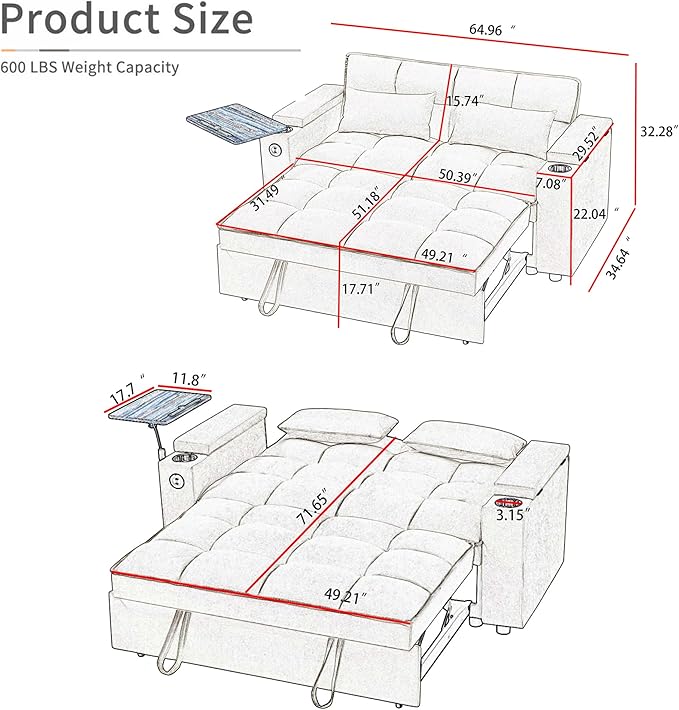 65'' Convertible Sleeper Sofa Bed with Adjustable Backrest, Chaise Lounge, Side Table & USB/Type-C Ports – Stylish & Functional Addition to Any Living Room (Fashion Pink)