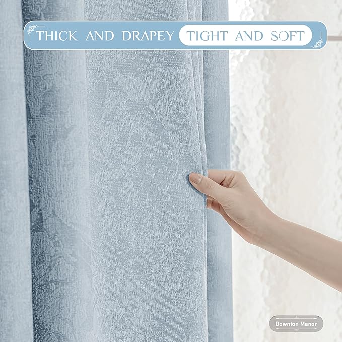 Beauoop Blue Floral Jacquard Blackout Curtains 108 Inches Long 2 Panels for Bedroom Living Room Chenille Flower Room Darkening Thermal Insulated Soundproof Grommet Window Treatments Drapes, 52x108