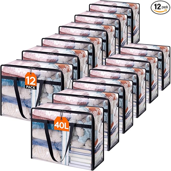 Lifewit 12 Pack Clear Clothes Storage Bags, 40L Plastic Blanket Storage Bag, Vinyl Foldable Moving Bags with Zipper, Closet Organizers and Storage Containers for Bedding, Duvet, Comforter