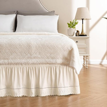 MIYE Wrap Around Ruffled Lace Bed Skirt, Elastic Dust Ruffle with Adjustable Belts, Easy to Put On, Bed Frame Cover, Machine Washable (Embroidered/Light Beige, King/Queen-12.5" Drop)
