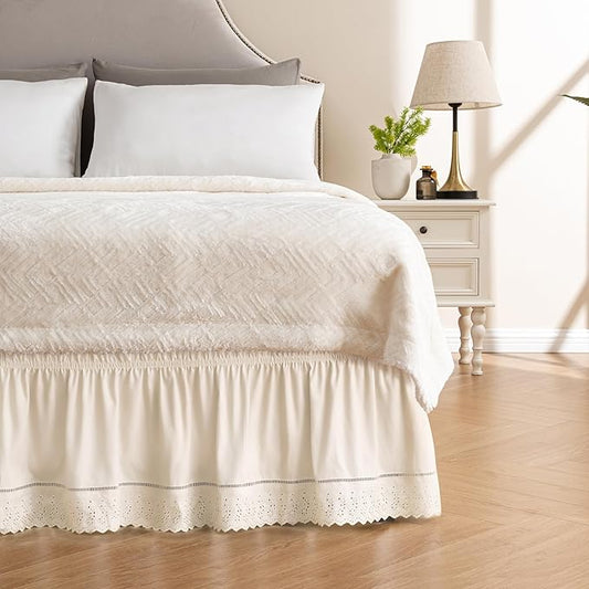 MIYE Wrap Around Ruffled Lace Bed Skirt, Elastic Dust Ruffle with Adjustable Belts, Easy to Put On, Bed Frame Cover, Machine Washable (Embroidered/Light Beige, King/Queen-12.5" Drop)